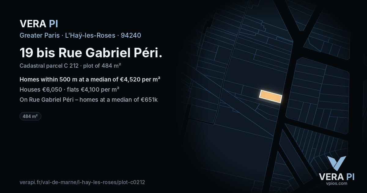 19 bis Rue Gabriel Péri, L'Haÿ-les-Roses at night – the plot lit, the parcels around coloured by the prices near them