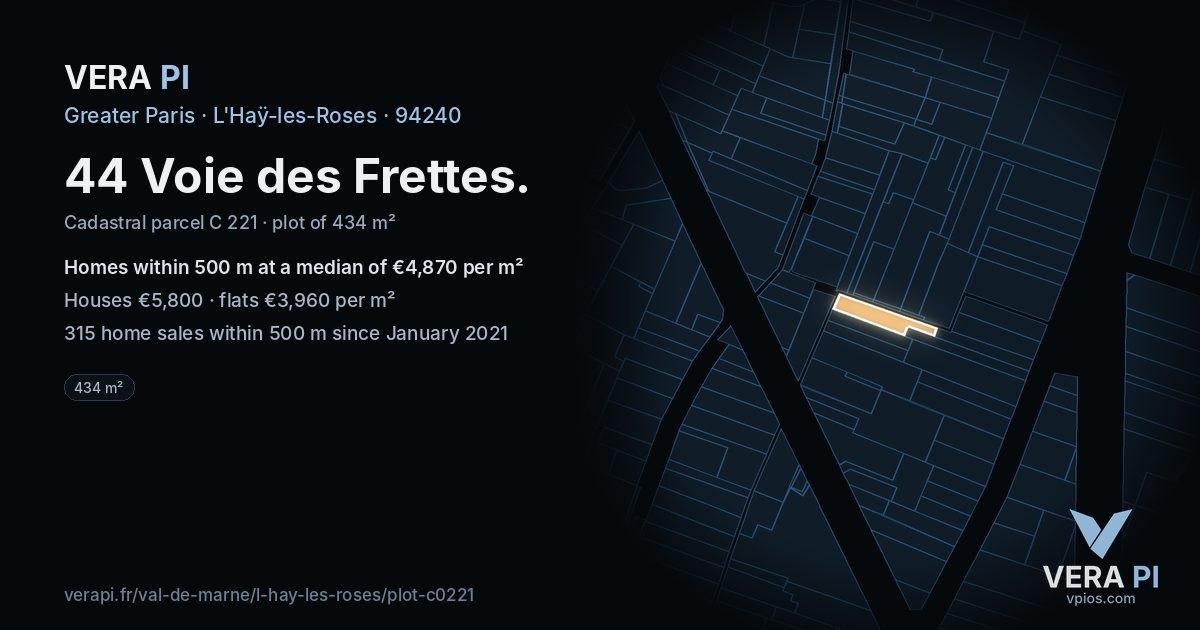 44 Voie des Frettes, L'Haÿ-les-Roses at night – the plot lit, the parcels around coloured by the prices near them