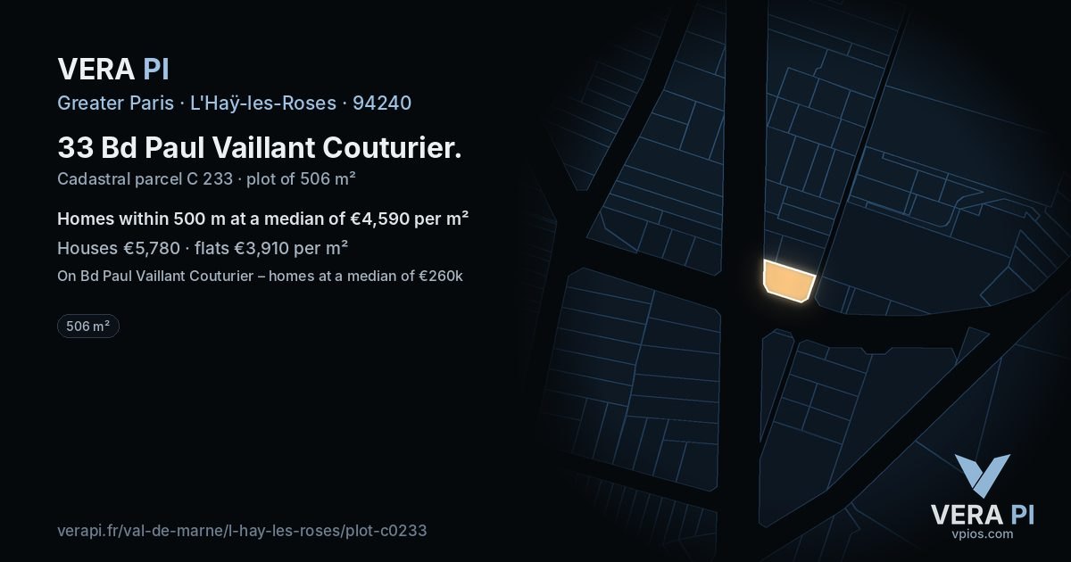 33 Bd Paul Vaillant Couturier, L'Haÿ-les-Roses at night – the plot lit, the parcels around coloured by the prices near them