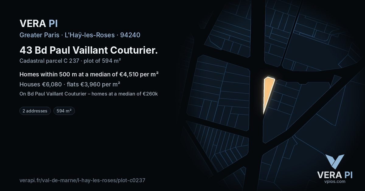 43 Bd Paul Vaillant Couturier, L'Haÿ-les-Roses at night – the plot lit, the parcels around coloured by the prices near them