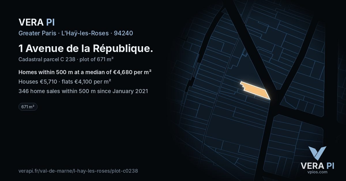 1 Avenue de la République, L'Haÿ-les-Roses at night – the plot lit, the parcels around coloured by the prices near them