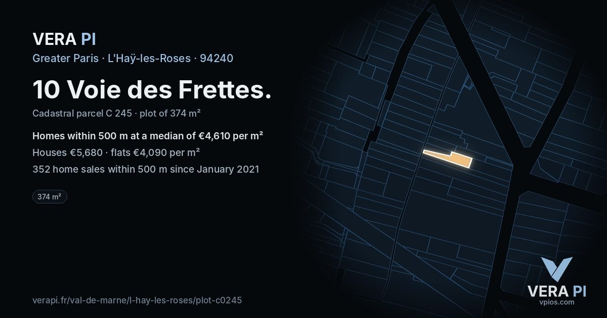 10 Voie des Frettes, L'Haÿ-les-Roses at night – the plot lit, the parcels around coloured by the prices near them