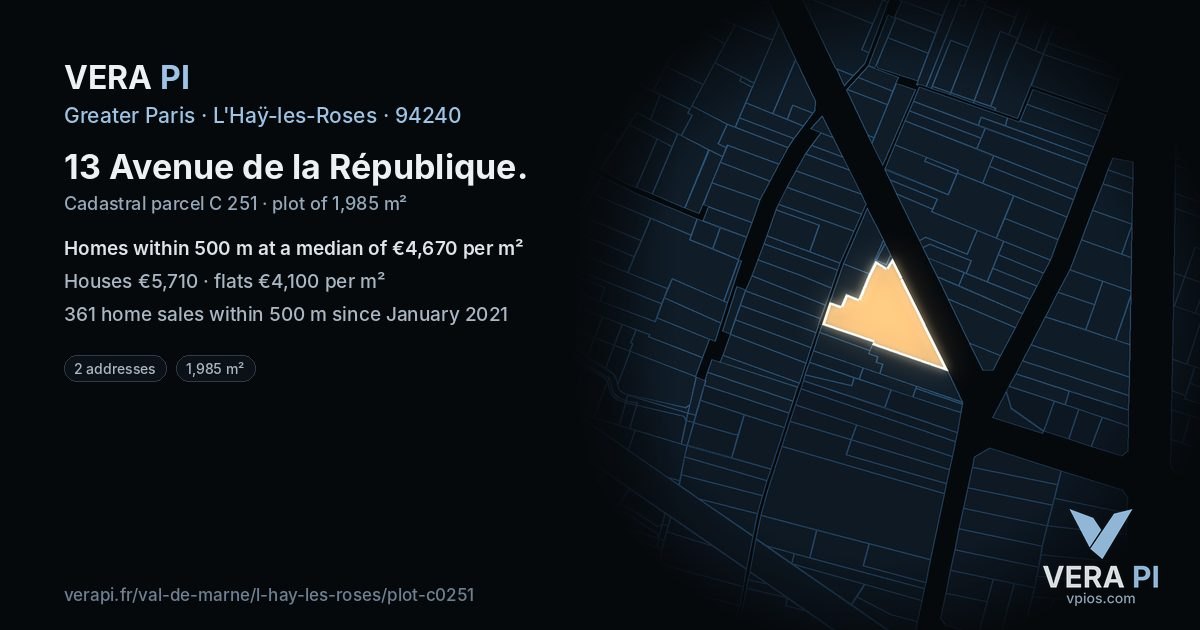 13 Avenue de la République, L'Haÿ-les-Roses at night – the plot lit, the parcels around coloured by the prices near them