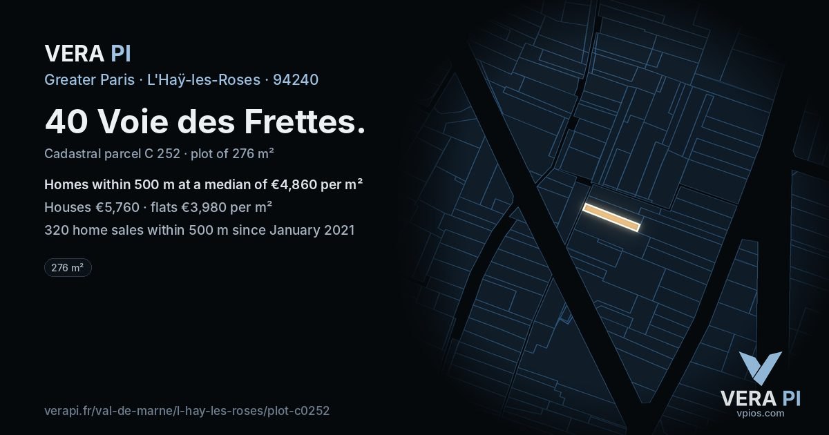 40 Voie des Frettes, L'Haÿ-les-Roses at night – the plot lit, the parcels around coloured by the prices near them