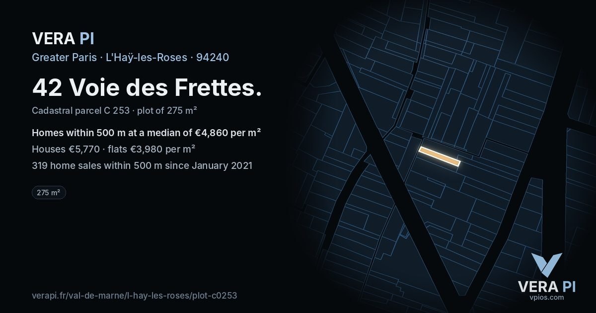 42 Voie des Frettes, L'Haÿ-les-Roses at night – the plot lit, the parcels around coloured by the prices near them