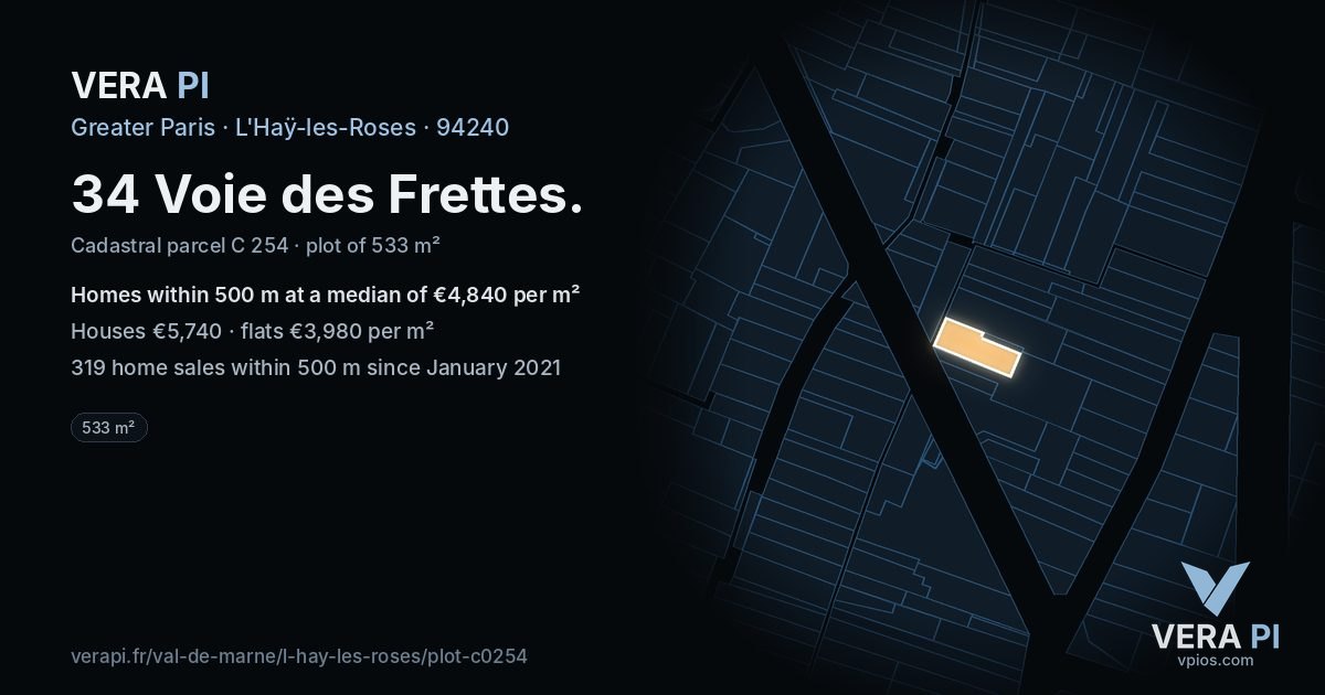 34 Voie des Frettes, L'Haÿ-les-Roses at night – the plot lit, the parcels around coloured by the prices near them