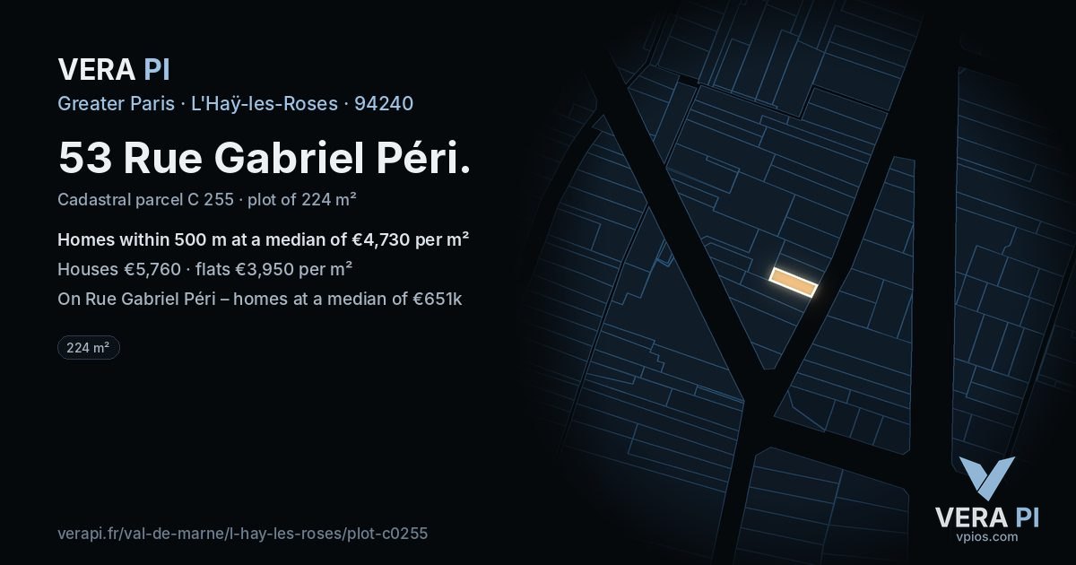 53 Rue Gabriel Péri, L'Haÿ-les-Roses at night – the plot lit, the parcels around coloured by the prices near them