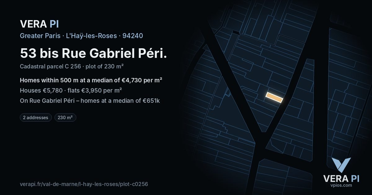 53 bis Rue Gabriel Péri, L'Haÿ-les-Roses at night – the plot lit, the parcels around coloured by the prices near them