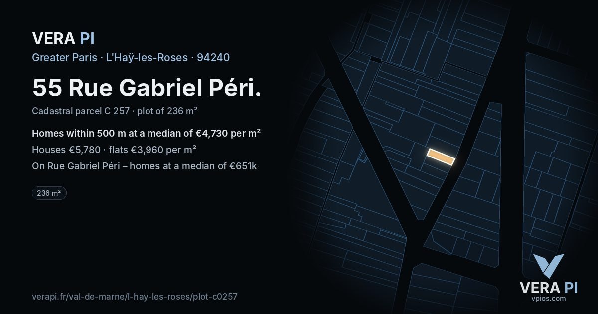 55 Rue Gabriel Péri, L'Haÿ-les-Roses at night – the plot lit, the parcels around coloured by the prices near them