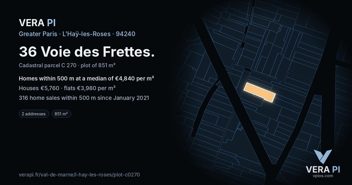 36 Voie des Frettes, L'Haÿ-les-Roses at night – the plot lit, the parcels around coloured by the prices near them