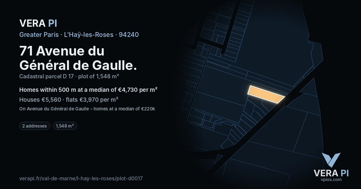 71 Avenue du Général de Gaulle, L'Haÿ-les-Roses at night – the plot lit, the parcels around coloured by the prices near them