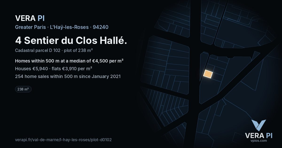 4 Sentier du Clos Hallé, L'Haÿ-les-Roses at night – the plot lit, the parcels around coloured by the prices near them