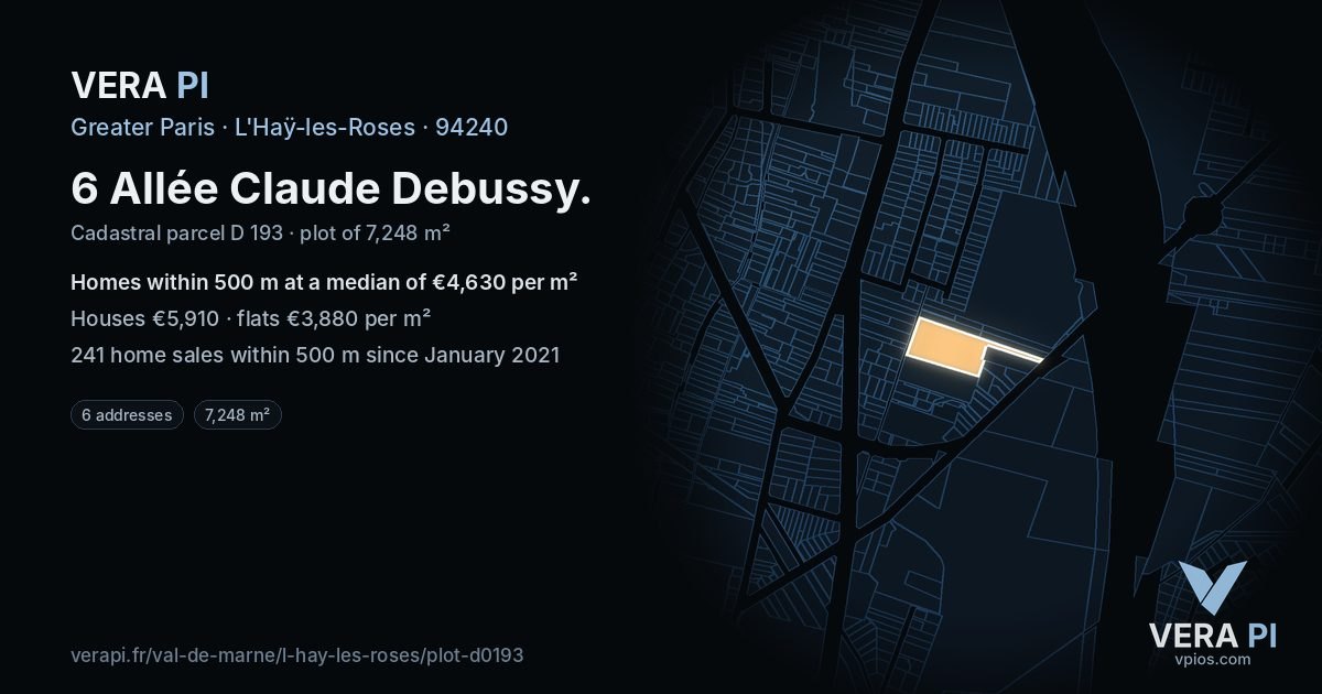 6 Allée Claude Debussy, L'Haÿ-les-Roses at night – the plot lit, the parcels around coloured by the prices near them