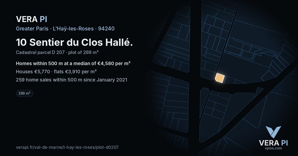 10 Sentier du Clos Hallé, L'Haÿ-les-Roses at night – the plot lit, the parcels around coloured by the prices near them