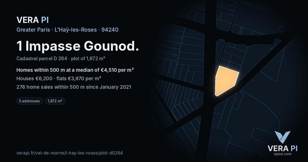 1 Impasse Gounod, L'Haÿ-les-Roses at night – the plot lit, the parcels around coloured by the prices near them