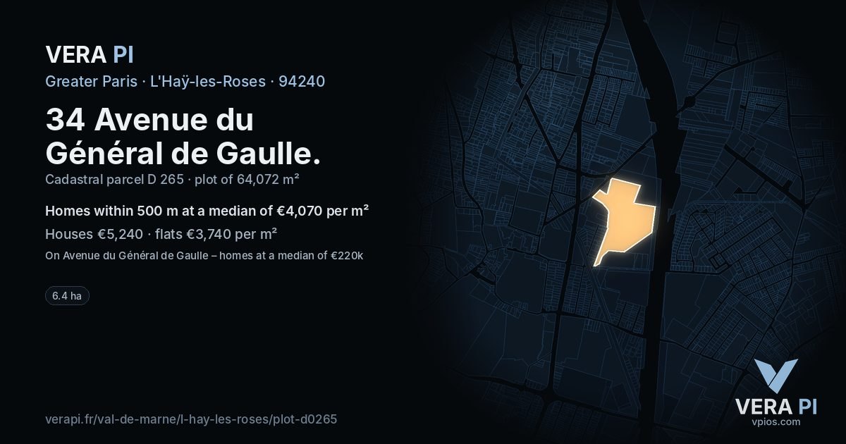34 Avenue du Général de Gaulle, L'Haÿ-les-Roses at night – the plot lit, the parcels around coloured by the prices near them
