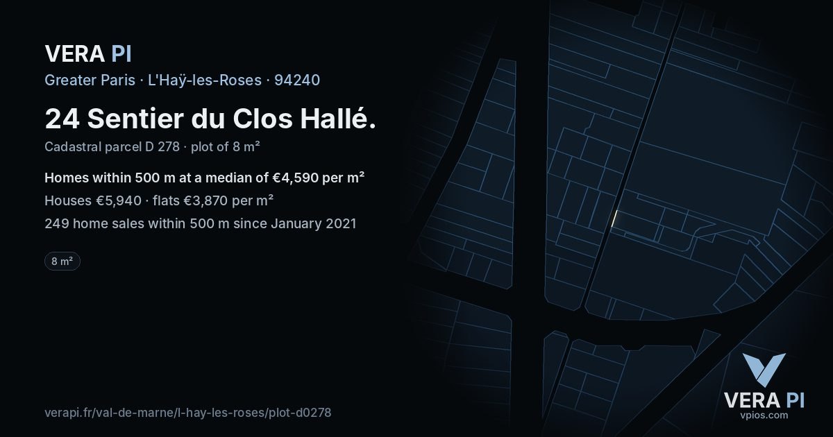 24 Sentier du Clos Hallé, L'Haÿ-les-Roses at night – the plot lit, the parcels around coloured by the prices near them