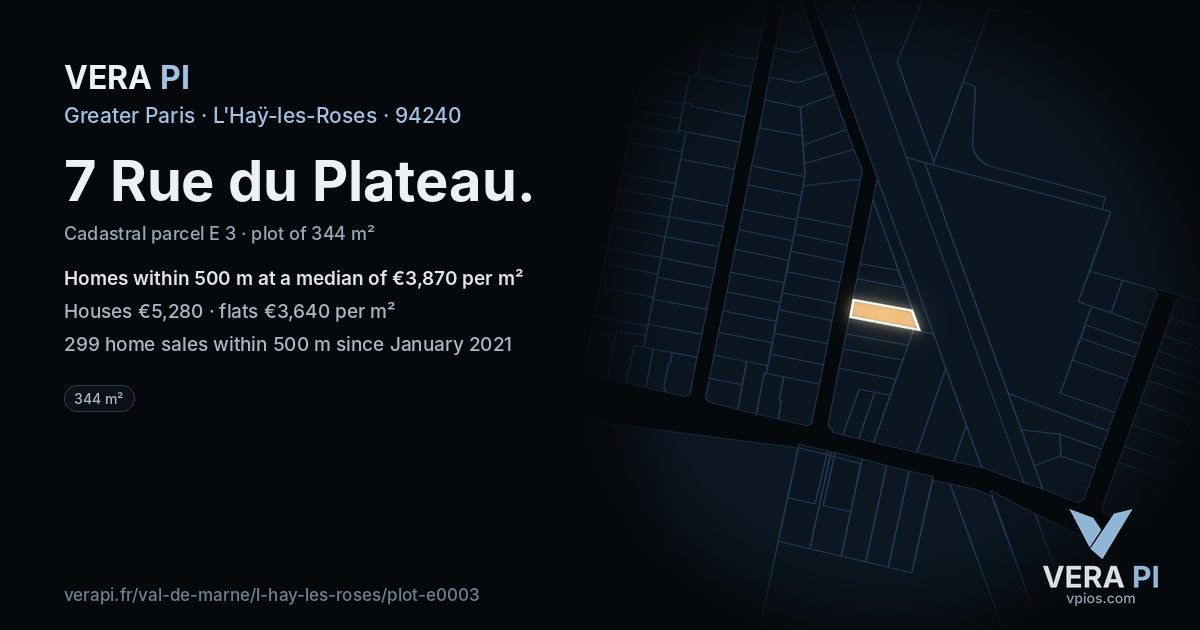 7 Rue du Plateau, L'Haÿ-les-Roses at night – the plot lit, the parcels around coloured by the prices near them