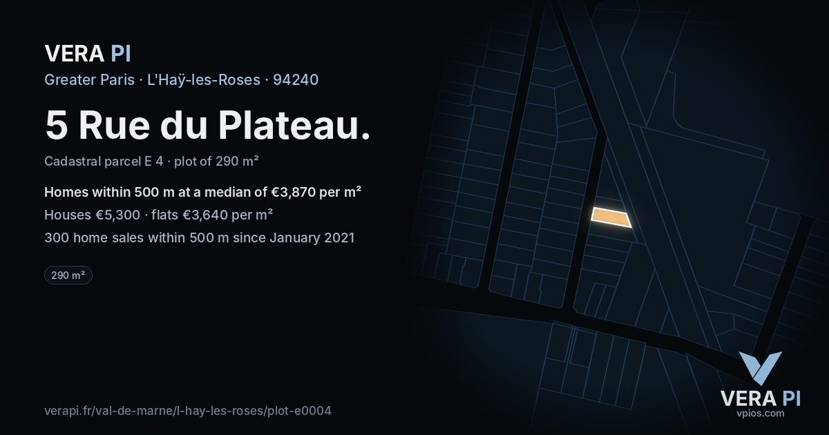 5 Rue du Plateau, L'Haÿ-les-Roses at night – the plot lit, the parcels around coloured by the prices near them