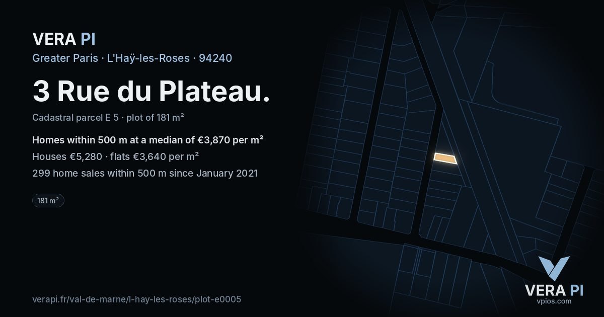 3 Rue du Plateau, L'Haÿ-les-Roses at night – the plot lit, the parcels around coloured by the prices near them