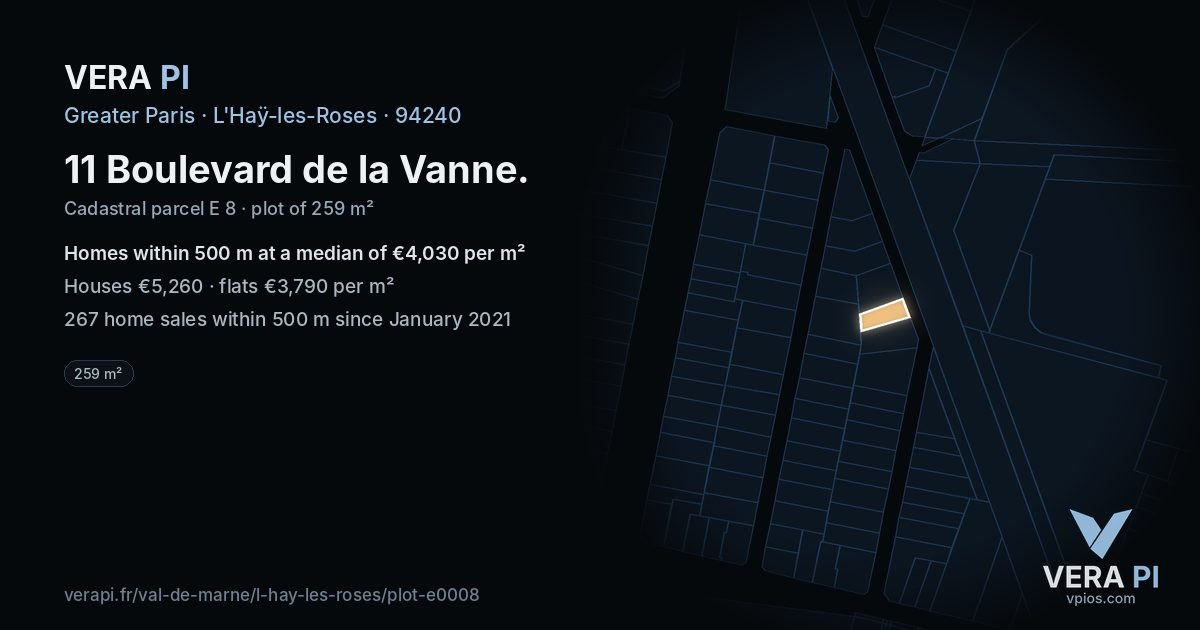 11 Boulevard de la Vanne, L'Haÿ-les-Roses at night – the plot lit, the parcels around coloured by the prices near them