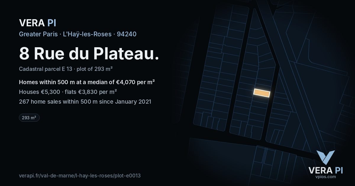 8 Rue du Plateau, L'Haÿ-les-Roses at night – the plot lit, the parcels around coloured by the prices near them