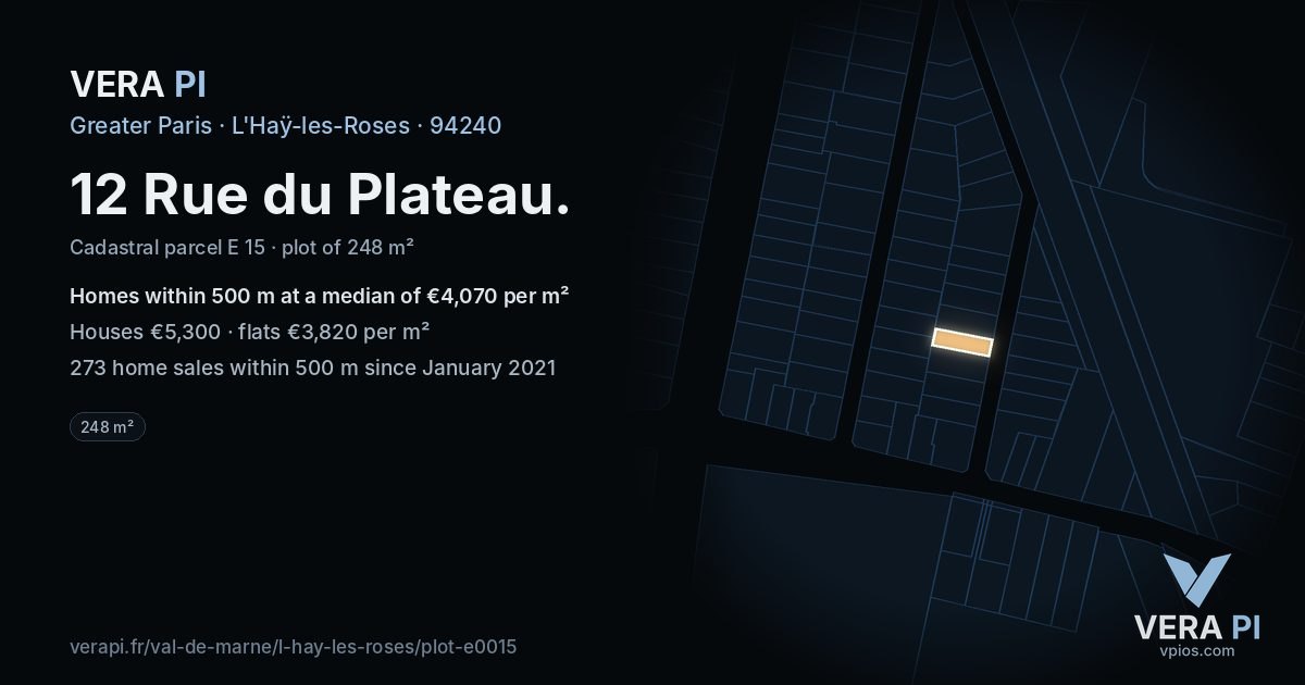 12 Rue du Plateau, L'Haÿ-les-Roses at night – the plot lit, the parcels around coloured by the prices near them
