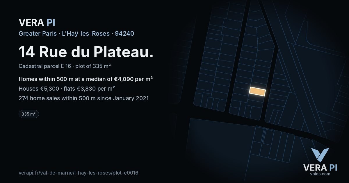 14 Rue du Plateau, L'Haÿ-les-Roses at night – the plot lit, the parcels around coloured by the prices near them