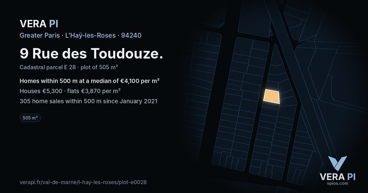 9 Rue des Toudouze, L'Haÿ-les-Roses at night – the plot lit, the parcels around coloured by the prices near them