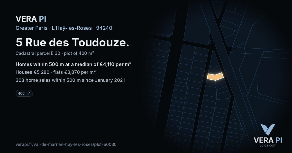 5 Rue des Toudouze, L'Haÿ-les-Roses at night – the plot lit, the parcels around coloured by the prices near them