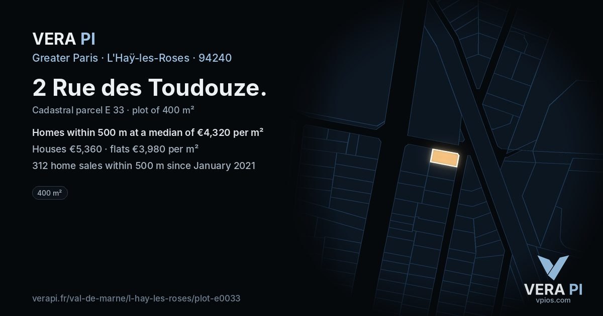 2 Rue des Toudouze, L'Haÿ-les-Roses at night – the plot lit, the parcels around coloured by the prices near them