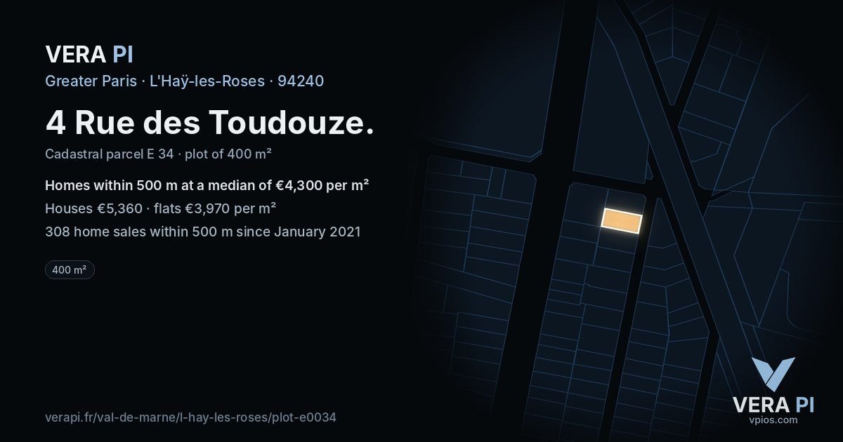 4 Rue des Toudouze, L'Haÿ-les-Roses at night – the plot lit, the parcels around coloured by the prices near them