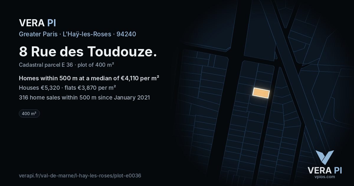 8 Rue des Toudouze, L'Haÿ-les-Roses at night – the plot lit, the parcels around coloured by the prices near them