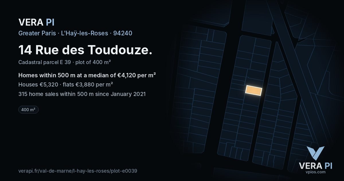 14 Rue des Toudouze, L'Haÿ-les-Roses at night – the plot lit, the parcels around coloured by the prices near them