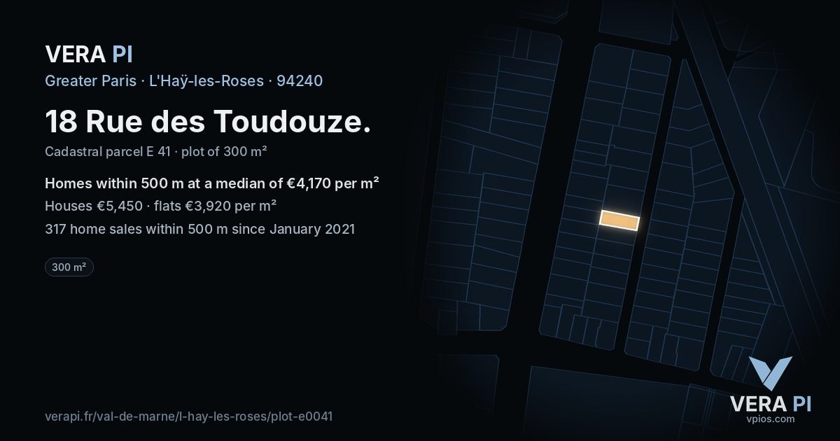 18 Rue des Toudouze, L'Haÿ-les-Roses at night – the plot lit, the parcels around coloured by the prices near them