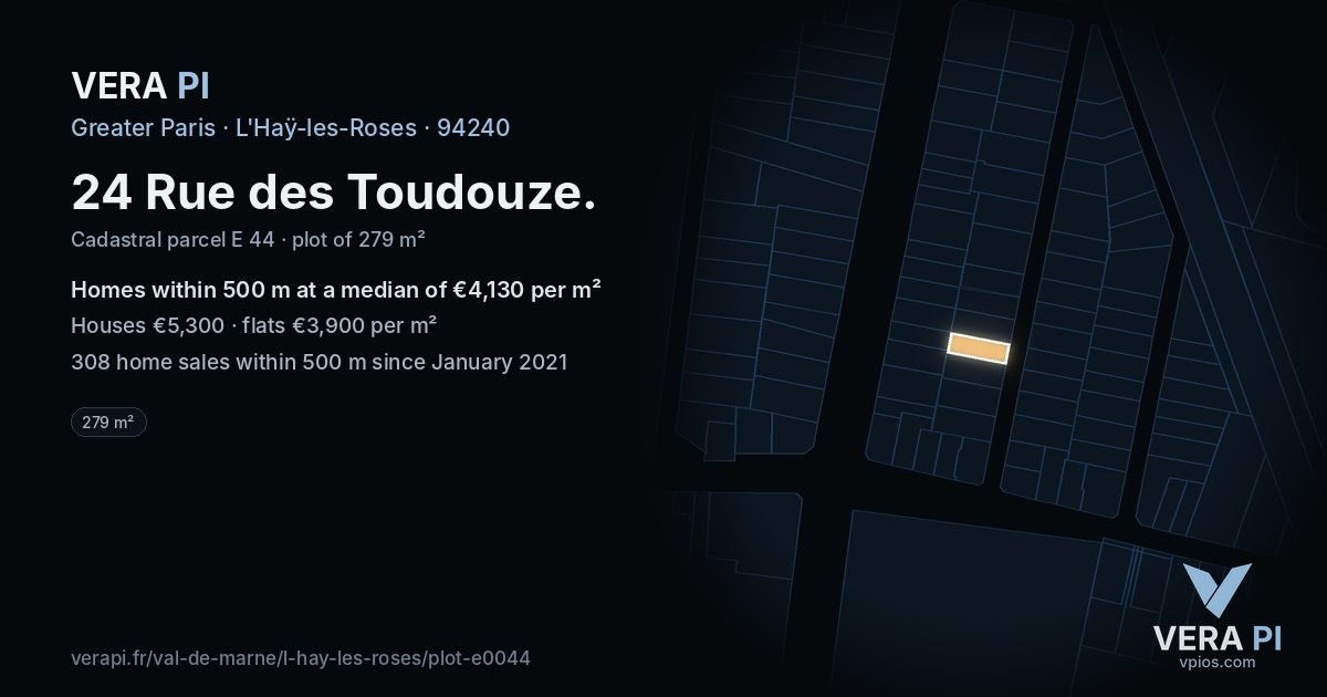 24 Rue des Toudouze, L'Haÿ-les-Roses at night – the plot lit, the parcels around coloured by the prices near them