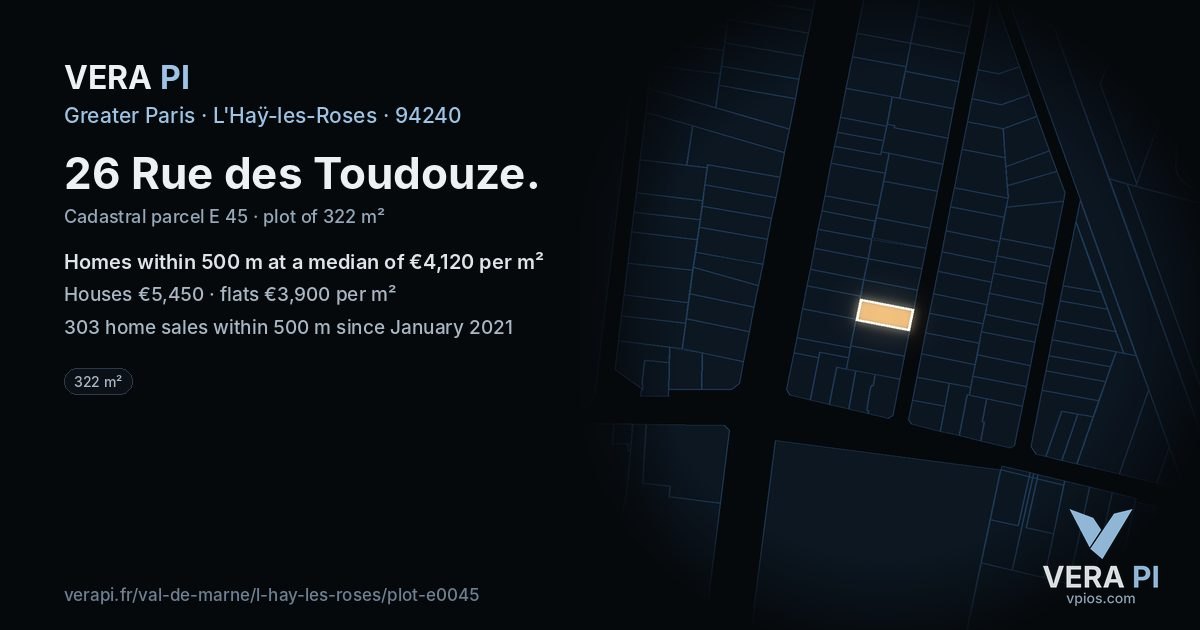 26 Rue des Toudouze, L'Haÿ-les-Roses at night – the plot lit, the parcels around coloured by the prices near them