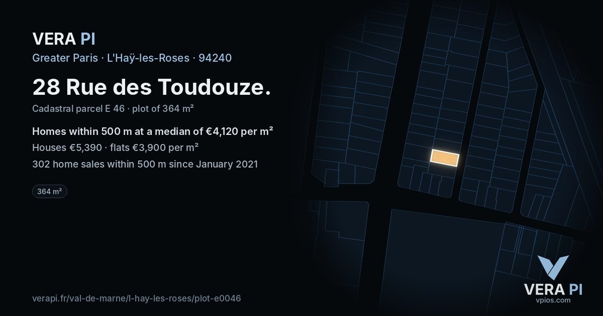 28 Rue des Toudouze, L'Haÿ-les-Roses at night – the plot lit, the parcels around coloured by the prices near them