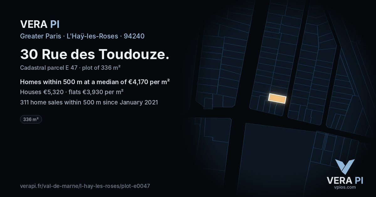 30 Rue des Toudouze, L'Haÿ-les-Roses at night – the plot lit, the parcels around coloured by the prices near them