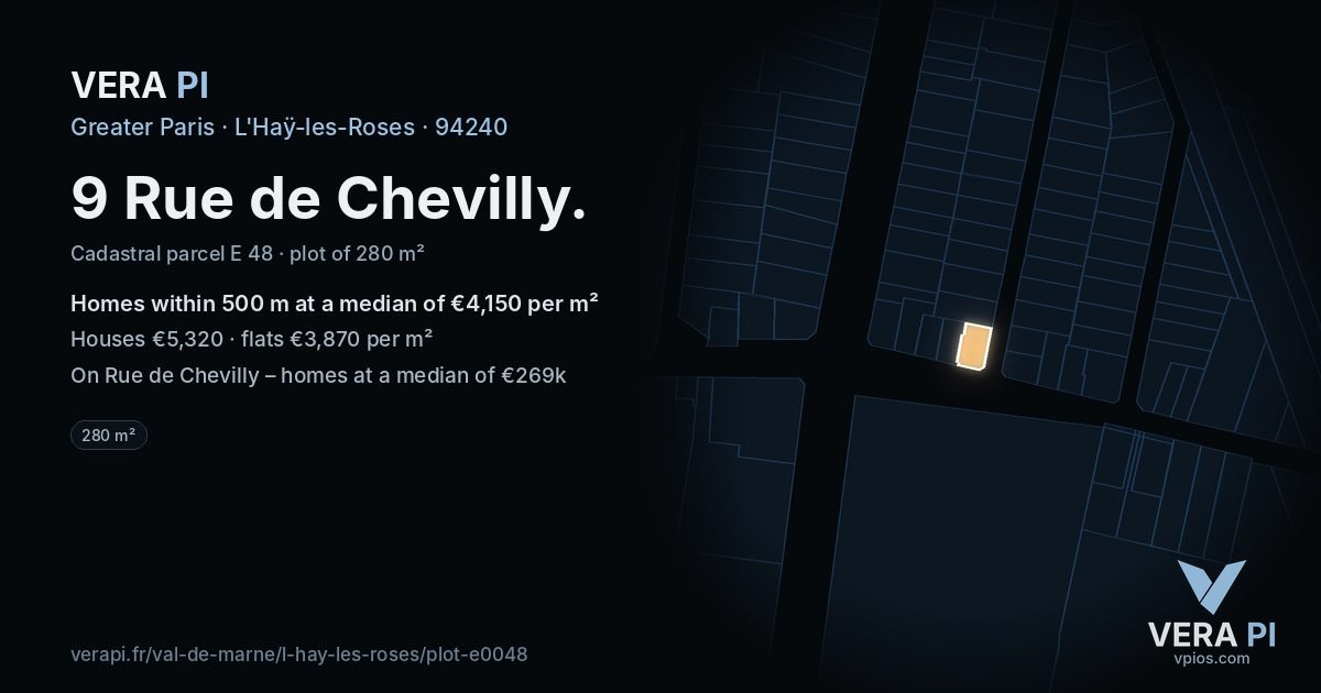 9 Rue de Chevilly, L'Haÿ-les-Roses at night – the plot lit, the parcels around coloured by the prices near them