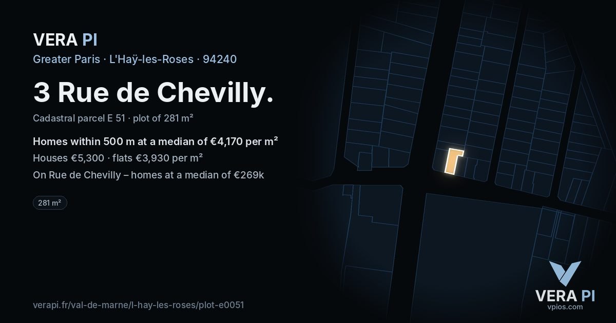 3 Rue de Chevilly, L'Haÿ-les-Roses at night – the plot lit, the parcels around coloured by the prices near them