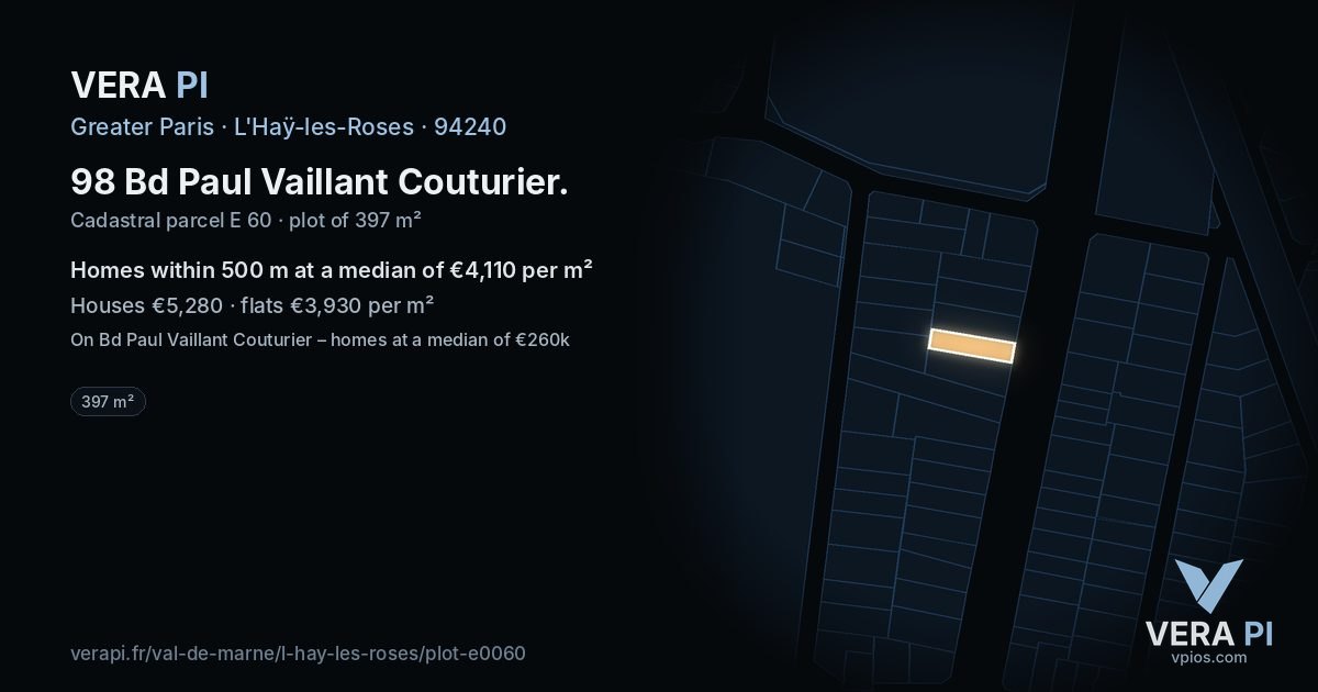 98 Bd Paul Vaillant Couturier, L'Haÿ-les-Roses at night – the plot lit, the parcels around coloured by the prices near them