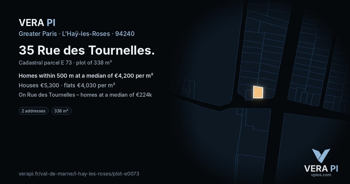 35 Rue des Tournelles, L'Haÿ-les-Roses at night – the plot lit, the parcels around coloured by the prices near them