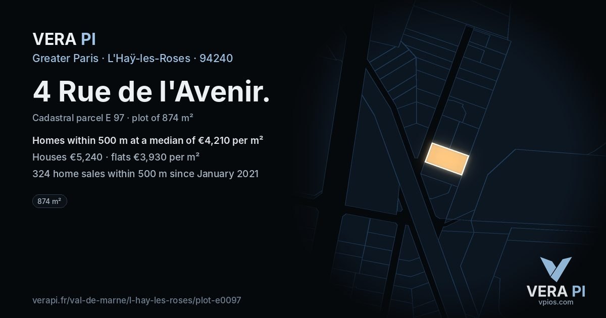 4 Rue de l'Avenir, L'Haÿ-les-Roses at night – the plot lit, the parcels around coloured by the prices near them
