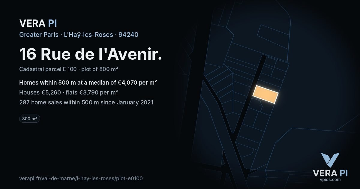 16 Rue de l'Avenir, L'Haÿ-les-Roses at night – the plot lit, the parcels around coloured by the prices near them