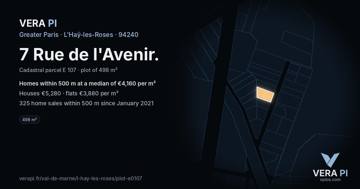 7 Rue de l'Avenir, L'Haÿ-les-Roses at night – the plot lit, the parcels around coloured by the prices near them