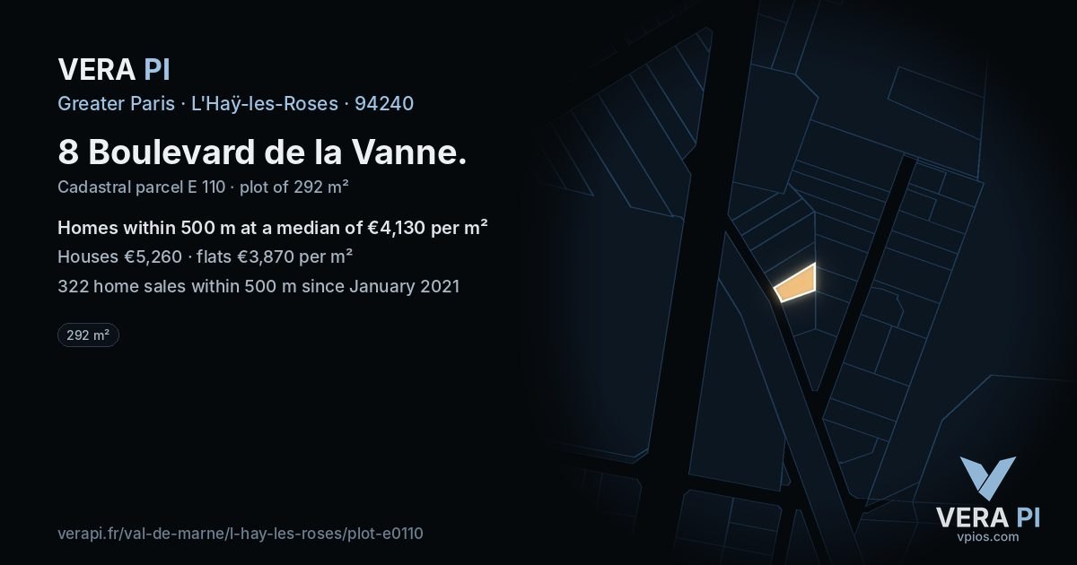 8 Boulevard de la Vanne, L'Haÿ-les-Roses at night – the plot lit, the parcels around coloured by the prices near them