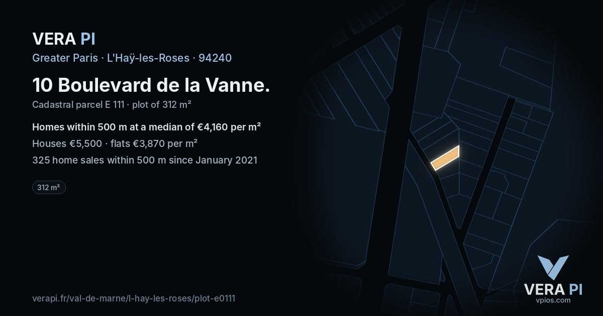 10 Boulevard de la Vanne, L'Haÿ-les-Roses at night – the plot lit, the parcels around coloured by the prices near them