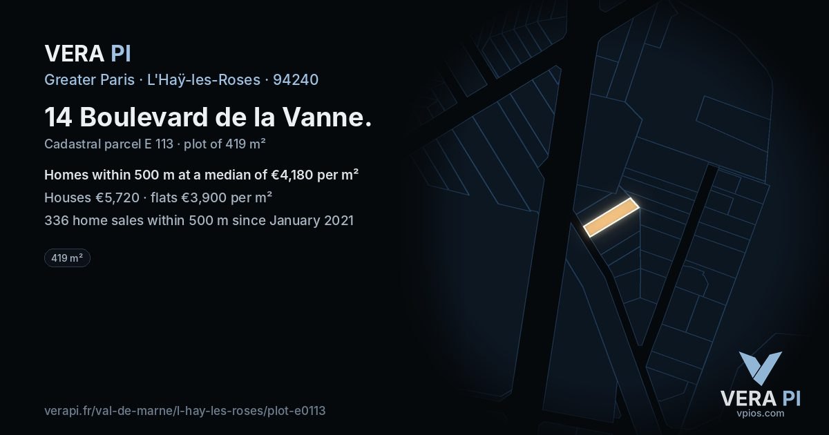 14 Boulevard de la Vanne, L'Haÿ-les-Roses at night – the plot lit, the parcels around coloured by the prices near them