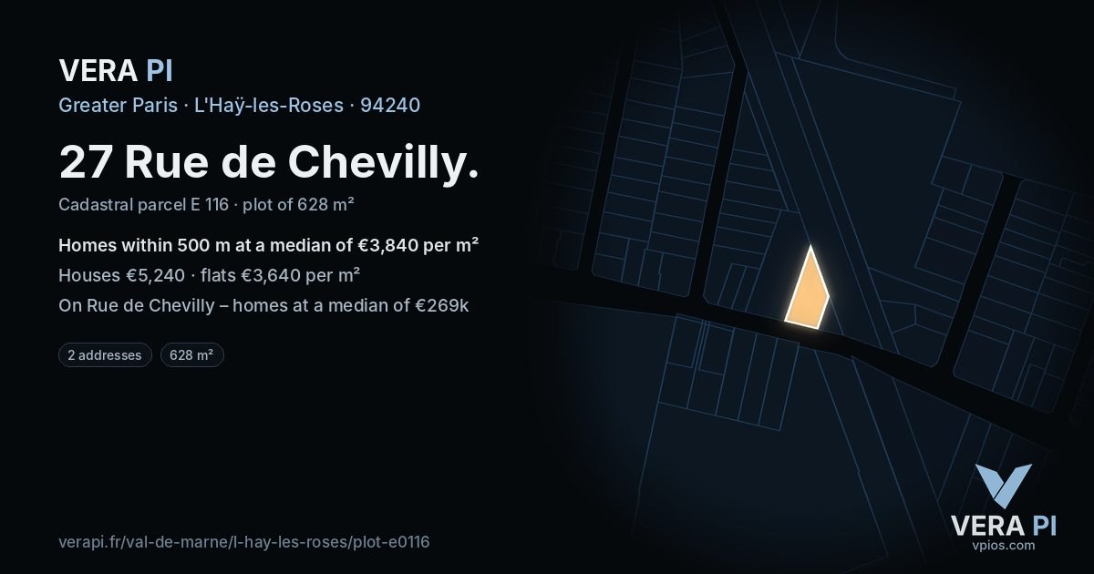 27 Rue de Chevilly, L'Haÿ-les-Roses at night – the plot lit, the parcels around coloured by the prices near them